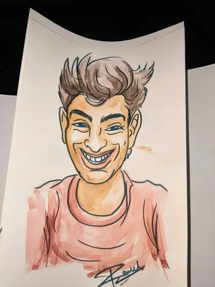 This is another example of a colorful caricature, capturing an exaggerated and cheerful expression that is the hallmark of this art form.
