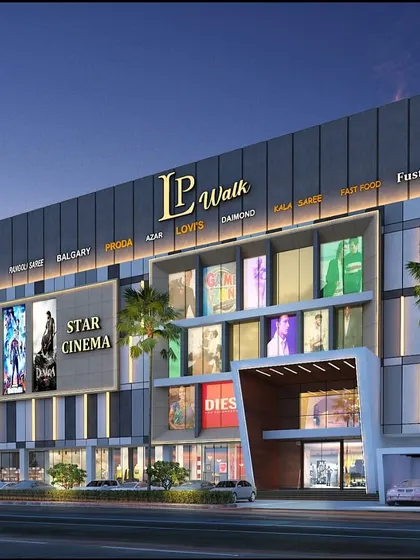 A render of the LP Walk Mall in Nagaon, Assam. This G+5 commercial building is designed as a contemporary retail destination, with a facade that accommodates large-scale branding for cinemas and major stores.