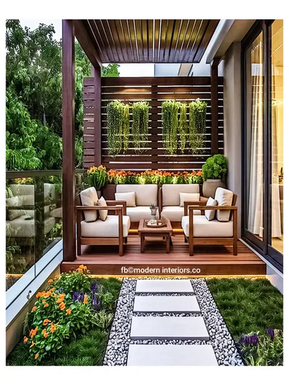 For those who love to entertain, a full outdoor sofa set can transform a larger balcony. This design uses a wooden pergola to frame the seating area, creating an elegant and defined space for hosting guests or relaxing with family.