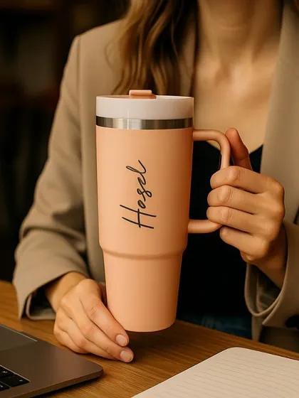 This peach-colored insulated tumbler is both stylish and practical. It's personalized with the name "Hazel" and is perfect for keeping drinks hot or cold at the office or on the go.