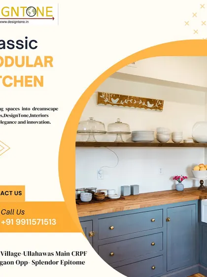 A promotional graphic for our classic modular kitchen services. We transform spaces into dreamscape masterpieces with elegance and innovation.
