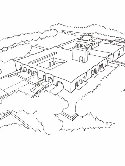 An early aerial sketch of the Dua Villa, showing the conceptual layout with its internal courtyards and surrounding landscape. This is where we first began to explore the relationship between the structure and its site.