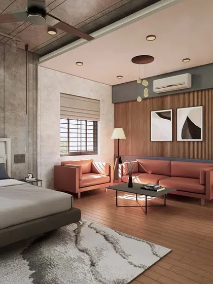 This bedroom concept, designed for a bachelor pad, features rugged sophistication with concrete-finish walls and rust-orange leather furniture.