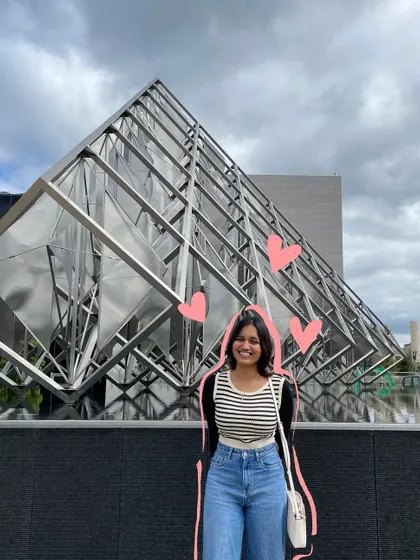 Posing in front of the National Gallery of Art. The pink hearts and outline add a touch of love to this architectural shot.