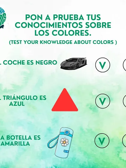 Part two of our Spanish color quiz. Is the triangle blue ('azul')? Is the bottle yellow ('amarilla')? Let us know your answers.