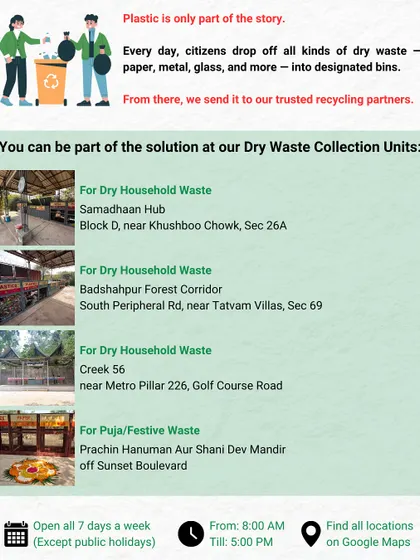 Ready to be part of the solution? Here are our four main dry waste collection units across Gurgaon. We are open seven days a week to accept your segregated dry household waste and special puja items.