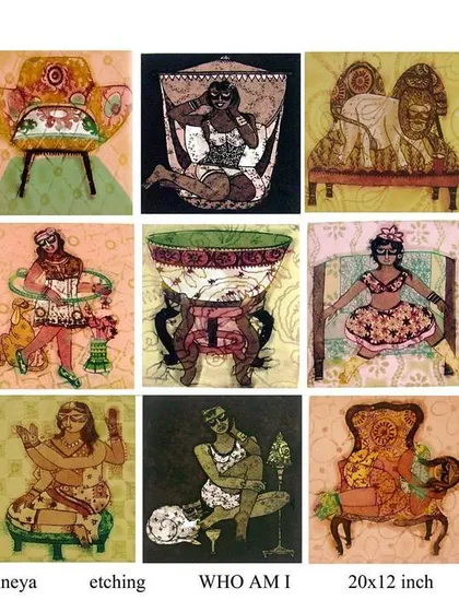 I also champion artists working in other media, like these etchings by Sonal Varshneya. This series, titled "WHO AM I," explores feminine identity with a unique blend of intricate detail and bold, personal expression.