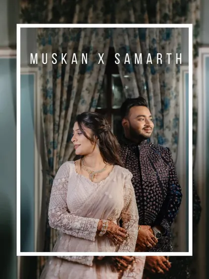 A stylish portrait of the couple, ready for their Sangeet night. The framing and their confident poses highlight their chemistry and excitement for the celebration ahead.