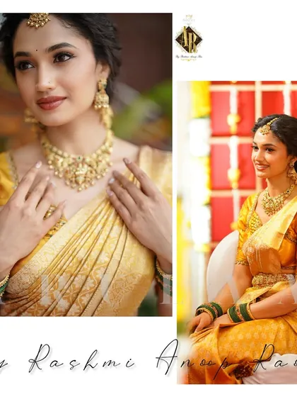 Close-up shots of the golden saree look. You can see the fine craftsmanship of the blouse embroidery and how it perfectly matches the tone of the saree and the temple jewelry.