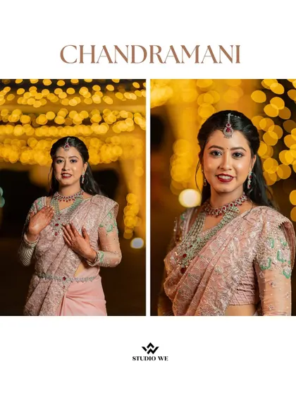 A close-up portrait collage of the bride, focusing on her expressive face and stunning jewelry. These shots are all about capturing her personality and elegance.