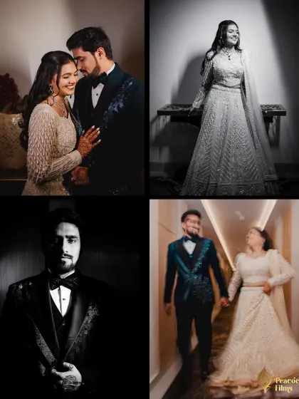 A collage of portraits from a glamorous Sangeet night. It captures the couple's loving moments, the bride's stunning outfit, and the groom's sharp look.