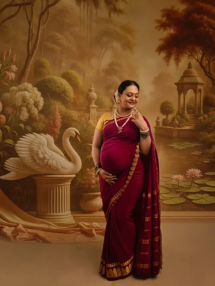 A solo portrait of the mother-to-be in a painted garden with a graceful swan. The scene evokes a sense of peace and regal beauty, highlighting her serene pregnancy glow.
