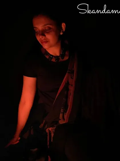 Our interpretation of Skandamata, the mother of Lord Kartikeya. This pose, with its serene expression, connects to the throat chakra's role in clear and truthful communication.