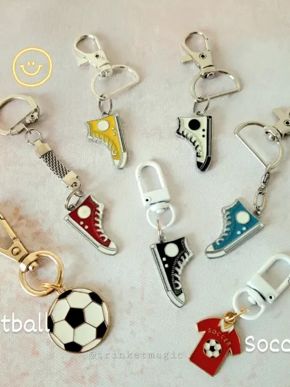 For the sports fans, I have these fun soccer and shoe-themed keychains. They are a great way to show off your love for the game.