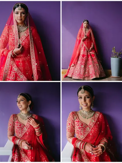 A collage of a bride in a classic red lehenga, posing against a vibrant purple wall, showcasing her elegant and timeless bridal look.