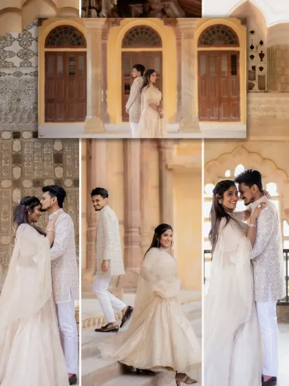 This collage tells a story of movement and connection. From a forehead kiss to a gentle walk, these images of Ayush and Akshitha capture the elegance and romance of their Jaipur pre-wedding session.