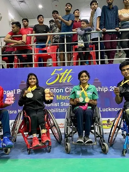 Another look at our para-badminton champions at the 5th National Para Badminton Championship in Lucknow. The team includes both wheelchair athletes and standing athletes, all showing incredible skill.