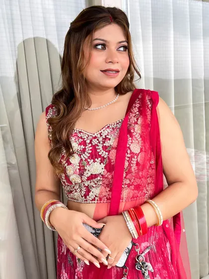 My muse forever. A beautiful, soft glam look with a pop of red from her outfit and bangles, perfect for any festive celebration.