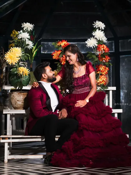 Another shot from a pre-wedding shoot, featuring our maroon tuxedo. It’s a testament to how our pre-loved collection helps create beautiful, lasting memories.