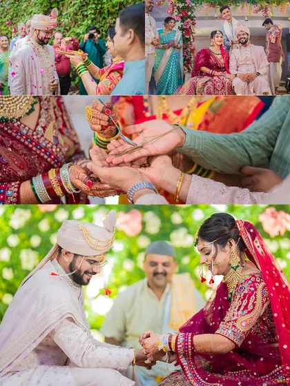 A collage focusing on the hands-on rituals of a Gujarati wedding, showing the involvement of family and the symbolic gestures of the ceremony.