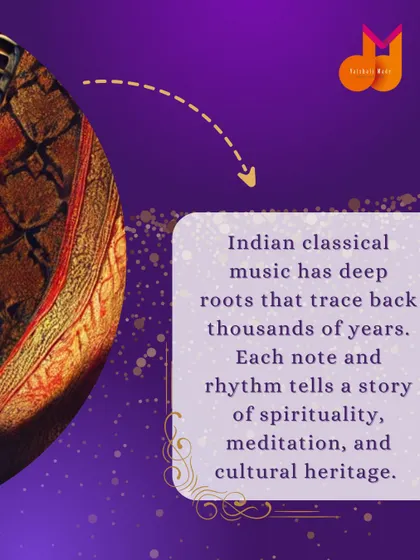 This graphic explains the deep historical and spiritual roots of Indian classical music, setting the context for learning instruments like the sitar and tabla.