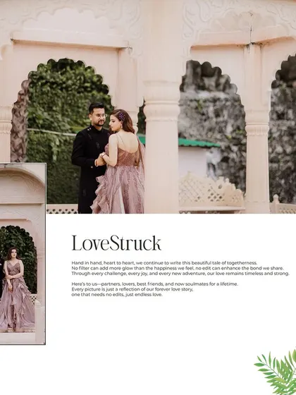 An album-style layout featuring the couple with romantic text, showcasing how we can design your final wedding album with a storytelling approach.