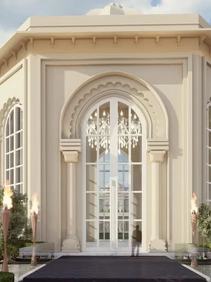 This octagonal hall, part of the larger banquet complex, serves as an elegant pre-function area. Flanked by elephant sculptures with water features, its design combines classical proportions with ornate Indian detailing for a stunning visual impact.