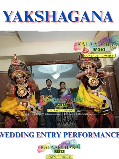 We bring the magnificent theatre of Yakshagana to your wedding day. Here, two of our artists in full, vibrant costume flank the couple, creating a powerful and culturally rich welcome.