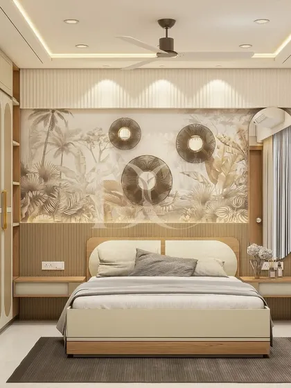 A serene and elegant bedroom design. The custom wardrobe features arched grooves on the shutters, and the wall behind the bed has a beautiful tropical-themed wallpaper, creating a calm and relaxing atmosphere.