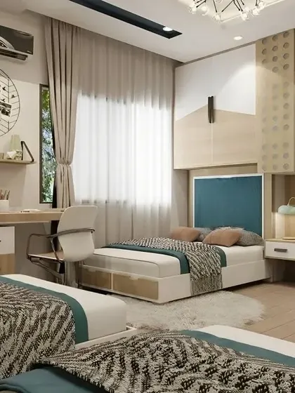 A bright and functional bedroom for three, with individual beds and two separate study desks. The world map wall decal adds an educational and decorative element.