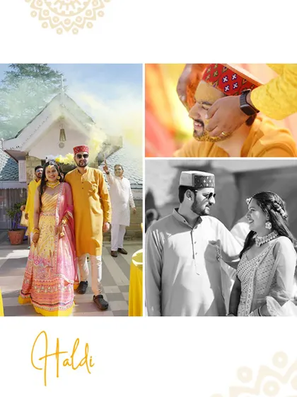A collage from a Haldi ceremony, showing the couple's entrance with colored smoke and the traditional rituals.