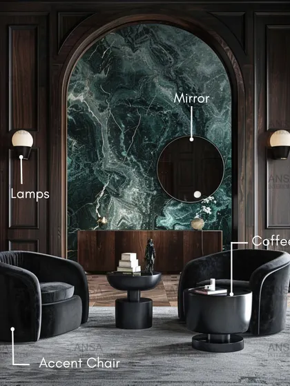 This image breaks down the essentials of a living room. I've labeled the accent chairs, coffee table, lamps, and mirror to show how these key pieces come together to create a perfectly styled, moody, and modern space.
