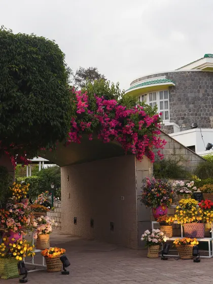 The entrance to the garden was transformed with baskets of colorful flowers, creating a vibrant and welcoming pathway for guests.