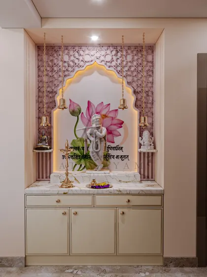 A complete view of the Krishna mandir, showcasing the elegant cabinet storage below and the soft, divine glow from the integrated lighting.