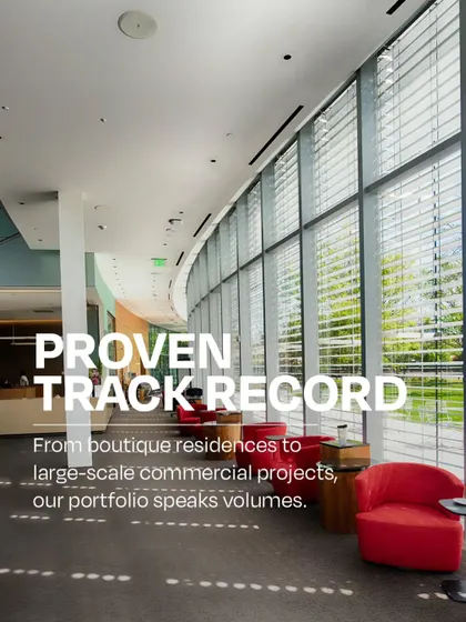 A shot of a spacious, light-filled commercial lobby, representing our proven track record. Our portfolio, which spans from boutique spaces to large-scale projects, speaks to the depth and quality of our experience.