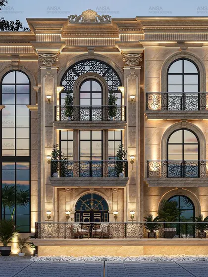 I love the timeless grandeur of neoclassical architecture. Here, the intricate metalwork on the arched windows and balconies adds a layer of artistry to the strong, symmetrical facade, creating a home that feels both historic and magnificent.