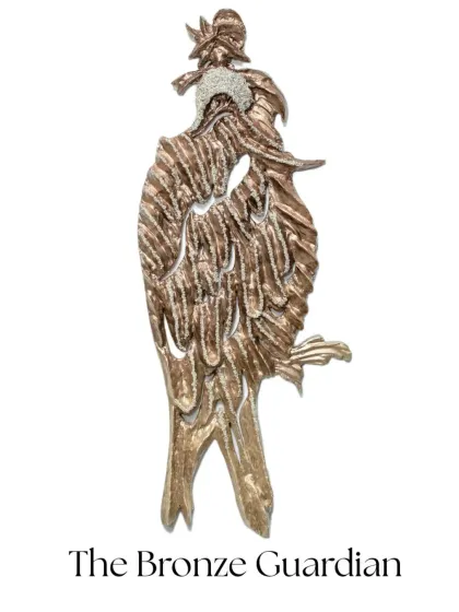 "The Bronze Guardian," a symbol of protection, dignity, and leadership. Sculpted in a bronze tone with upcycled paper and illuminated with diamonds, it embodies unity and resilience.