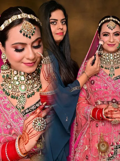 Here you can see the student putting the finishing touches on her model. The pink lehenga and emerald jewelry are a beautiful combination.