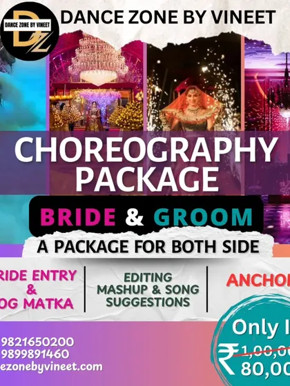 Our Bride & Groom Choreography Package is designed for both families. It includes a grand bride entry with a fog matka, custom song mashups, and a professional anchor to host the sangeet night.