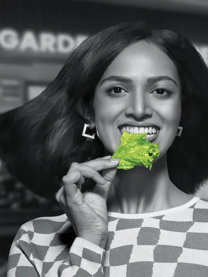 A creative shot for the GoFresh groceries campaign. We used a color pop technique, keeping the model and background in black and white while the fresh vegetable is in vibrant color.