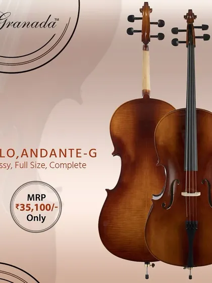 The Granada "Andante-G" Cello in a full size with a glossy finish. This is a great instrument for students, providing a rich, resonant tone to begin their journey with this beautiful string instrument.