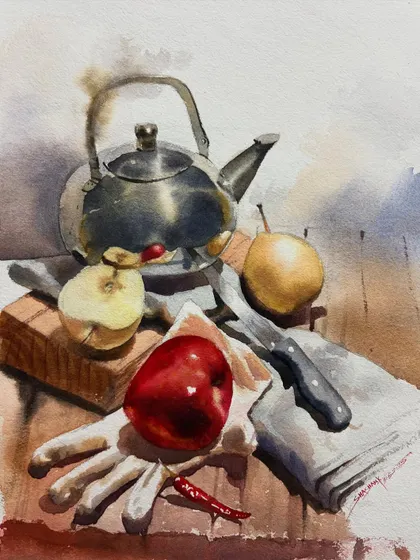 A detailed still life painting in watercolor, featuring a metal kettle, fruits, and fabric. This was a demo on rendering different textures and reflective surfaces.