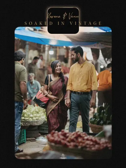 A single, powerful shot from a vintage-themed pre-wedding shoot in a market, edited with a dark, moody feel.