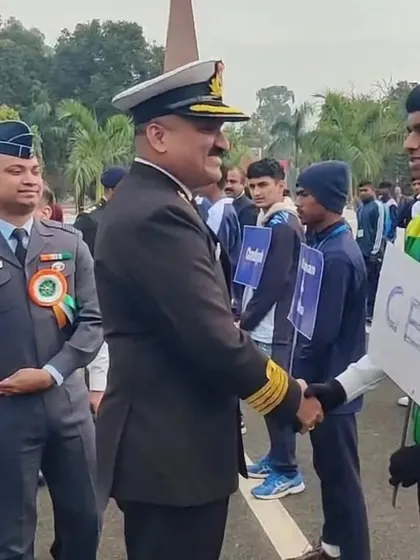 Our player Advik Kurup, captain of his school team, shaking hands with an official at the CBSE SGFI national tournament opening ceremony in Jammu.