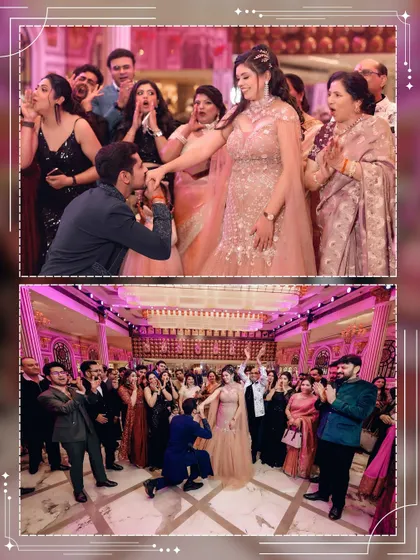 The moment of the proposal, captured from two angles, showing the joy and excitement of the couple and their guests.