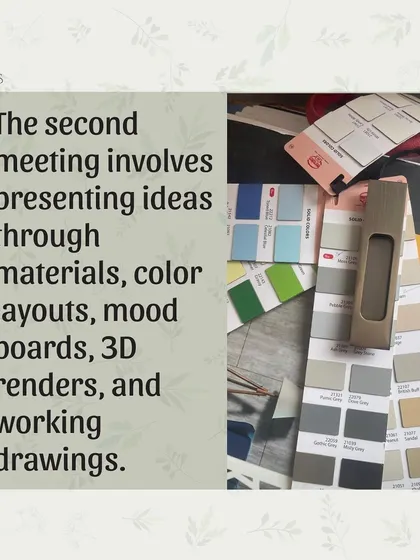 In our second meeting, I bring the ideas to life. I present concepts using material samples, color palettes, mood boards, and even 3D renders so you can clearly visualize the final outcome.