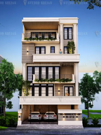 A classical-inspired facade for a 234 sq. yard home in Gujranwala Town, New Delhi. The design uses traditional elements like detailed balustrades and window frames for a stately and elegant appearance.
