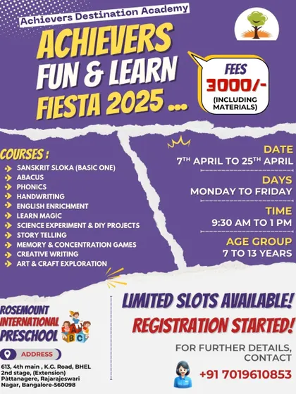 A detailed flyer for our Fun & Learn Fiesta in RR Nagar, Bangalore. It includes dates, timings, age group, fees, and a full list of the 11 courses offered, making it easy for parents to register.
