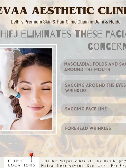 A list of common facial concerns that our HIFU treatments effectively eliminate. These include nasolabial folds, sagging around the mouth and eyes, undefined face lines, and forehead wrinkles.