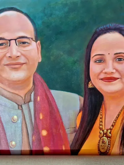 A close-up of a commissioned couple portrait, focusing on their expressions. I work to ensure that the connection between the two individuals is the central narrative of the painting.